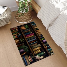 Plistiz Vintage Bookshelf Indoor Door Mat, 17x29.5 Inch, Floor Area Rug for Entryway, Living Room, or Bathroom, Non-Slip Doormat, Book Lover Design with Plants Home Decor Rug Gifts