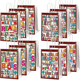 12PCS Books Reading Goodie Bags Reading Themed Party Gift Bags Book Shelf Treat Bag with Handles for Literary Books Club Book Lover Back to School Party Kids Birthday Classroom Decorations Supplies