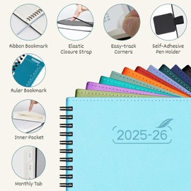 BEZEND Planner 2025-2026 Weekly and Monthly, 5.8" x 8.5" Academic Calendar (Jul 25-Dec 26) Vertical Daily Appointment with Hourly Timeslot & Monthly Tab, Spiral, PU Leather Softcover - Blueberry