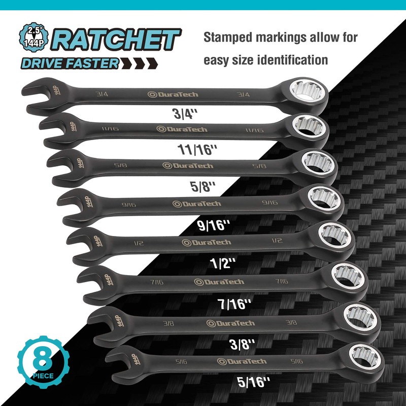 DURATECH Ratcheting Combination Wrench Set, 144-P, Double-Stacked Pawls, 8-Piece, SAE,