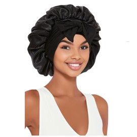 OnlyBee Satin Silk Sleep Bonnet for Women Ladies Adjustable Night Sleeping Cap Soft Elastic Band Bonnets Friz Hair with Tie Band for Curly Hair Braid Black