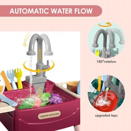 Play Sink with Running Water For Toddlers,Pretend Kitchen Toys for Kids with Tableware Accessories Vegetable Fruit,Pretend Role Play Dishwasher Toy with Tap,Gifts for Boys Girl,Red