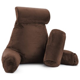 New & Improved Reading Pillow, Large Bed Rest Pillow with Arms + 2 Detachable Pillows - Shredded Memory Foam TV Pillow, Neck Roll & Lumbar Support Pillow - Set of 3 - Chocolate Brown