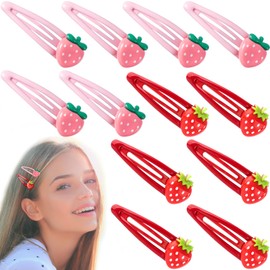 PAGOW 12 Pcs Strawberry Hair Clips, Y2K Cute Hair Barrettes, Fruit Cutecore Hair Accessories, Decorative Metal Snap Hair Clips for Women (Red, Dark Pink)