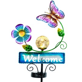 FOMOMDI Outdoor Solar Garden Lights with Welcome Sign, Butterfly Ornament Metal Stake Lights for Lawn, Patio, Cracked Glass Balls, for Mom (Butterfly)