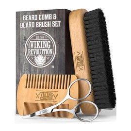 Viking Revolution Beard Comb & Beard Brush Set for Men -- Natural Boar Bristle Brush and Dual Action Pear Wood Comb w/Velvet Travel Pouch - Great for Grooming Beards and Mustaches