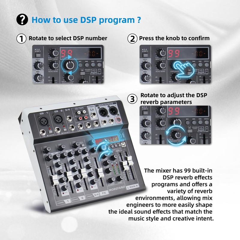 Professional Audio Mixer with DSP Effects, 48V Phantom Power, 99