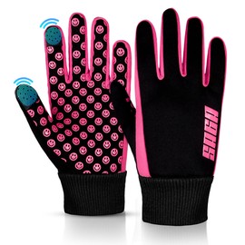 SAGA SPORTS Winter Kids Gloves - Thermal Touchscreen Water-Resistant Gloves Kids for Boys & Girls, Perfect for Running, Cycling, Skiing & Outdoor Sports, Ages 4-12, smiley pattern, Mittens (M, Pink)