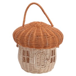Mushroom Rattan Storage Baskets, Handwoven Rattan Basket with Handle & Lid, Decorative Woven Basket for Shelf Organizer, Handcrafted Box for Kids Room Decor, Desktop Props
