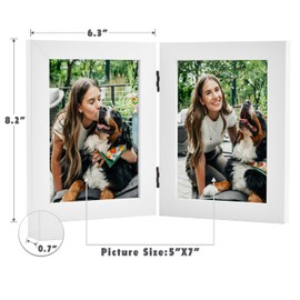 Frametory, 5x7 Double Picture Frame Hinged 2 Photos Frame Collage, Desk Picture Frame with Glass, Side by Side Frame Vertical (White, 2 Pack)