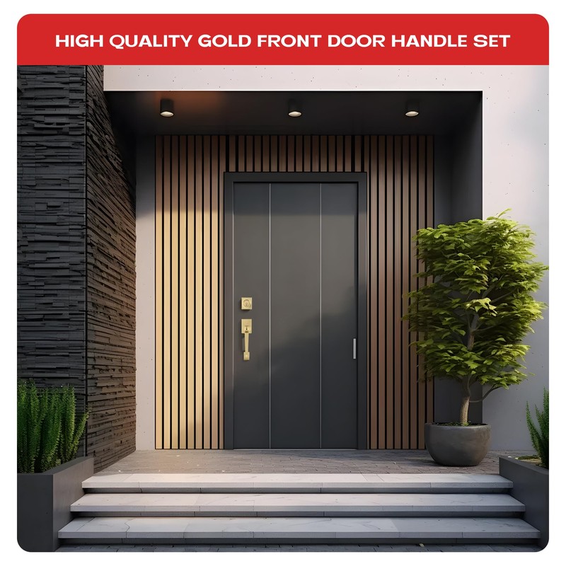 Heittis Entry Door Handles with Deadbolt Set,Gold Square Front Glass