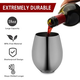 WOTOR Black Stainless Steel Wine Glasses Set of 4, 18oz Unbreakable Stemless Metal Wine Glass for Outdoor, Travel, Camping, Pool