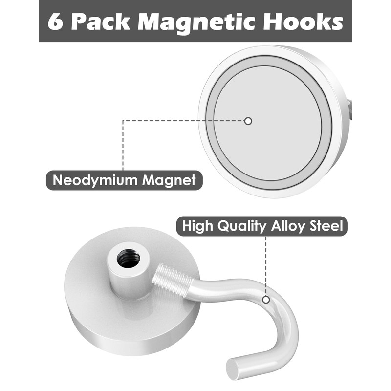 Lictin 6 Pack Magnetic Hooks, 80lb+ Extra Strong Magnet with