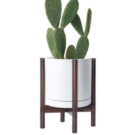 D'vine Dev Ceramic Planter with Walnut Color Stand - 12 Inch Modern Round Flower Pot with Wood Planter Holder, White, 55-B-W-1