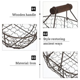 Tofficu Antique Wire Egg Basket with Wood Handle Primitives Vintage Chicken Egg Baskets Holder Gathering Basket for Kitchen Living Room