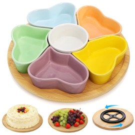 Cididu 11'' Lazy Susan Serving Tray, Ceramic 360° Rotating Serving Tray Platters, Removable Divided Appetizer Relish Dish, Heart Shape Snack Bowl Set for Party Kitchen Fruit Veggies Cheese, 7 Pieces