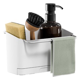 tesa Sink Organiser for Gluing No Drilling - Sponge Holder Kitchen, Dish Brush Holder & Dish Cloth Holder Dish Brush, Sponge and Dish Cloth - Slim - Modern Kitchen Accessories Wall Mounted - White