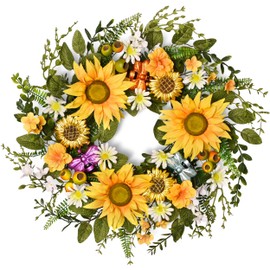 DecorbyHannah 22 Inch Spring Sunflower Wreaths for Front Door, Green Yellow Summer Door Wreaths with White Daisies and Bees for Wall Window Porch Wedding Farmhouse Indoor and Outdoor Decor