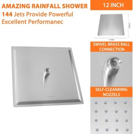 HarJue High Pressure Large Stainless Steel Square Rain ShowerHead With Shower Arm Waterfall Full Body Coverage Easy to Clean and Install (12 Inch With Arm, Brushed Nickel)