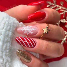 Christmas Fake Nails Medium Almond Winter Press on Nails Red Full Cover White Snow False Nails with Designs Candy Cane Glitter Glossy Glue on Nails Acrylic Manicure Artificial Nails for Women Girls
