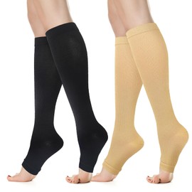 Viiotu Open Toe Compression Socks for Men & Women - 2 Pairs 15-20 mmHg Knee High Flight & Travel Socks for Circulation Support (Black+Nude, S/M)