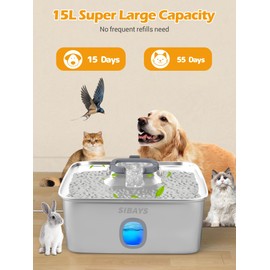 SIBAYS 4Gal/15L Large Dog Water Fountain, Stainless Steel Pet Fountain with Water Window & LED Light, Ultra Quiet Automatic Dog Water Bowl Dispenser for Large Dogs & Multi-pet, Easy to Clean(FS76)