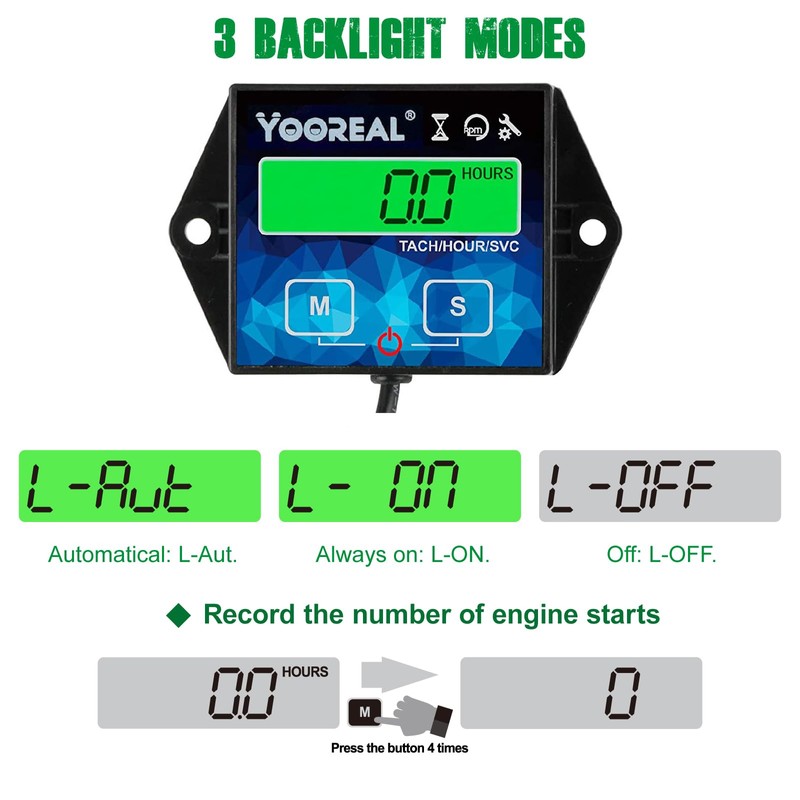 Yooreal Digital Backlight Tachometer Hour Meter,Resettable Hours,Replaceable Battery Engine for