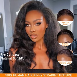 Real Glueless 13X4 Kinky Straight Body Wave Wig Human Hair Pre Plucked With Baby Hair Put on Go Pre Cut Afro Yaki Straight Wavy Human Hair Wig For Black Women Large Lace Frontal 20 Inch 180% Density