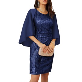 Wedding Guest Dresses for Women 2025 Party Dress-Classic Clothes for Women Over 60 Dress with Chiffon Shrug Shawl Navy Blue L