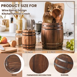 Honeydak 2pcs Wine Barrel Kitchen Utensil Crock 7"+5.3" Vintage Rustic Burnt Wood Cooking Tool Holder Western Utensil Organizer Spatula Cooking Tool Holder Countertop Farmhouse Kitchen Decoration