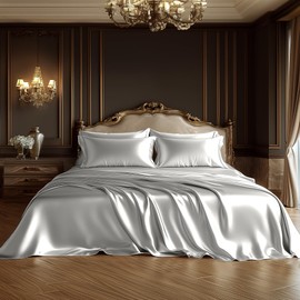 Degrees of Comfort Satin Bed Sheets Set Full Size 6 Pcs, Light Grey Silky and Luxuriously Soft Sheet, 14 inches Deep Pocket, Similar to Silk Sheets, 1 Fitted Sheet,1 Flat Sheet,4 Pillowcases