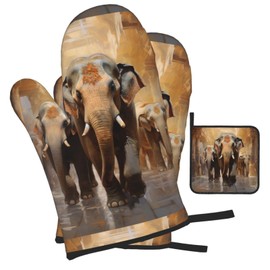 Asian Elephants Print Kitchen Baking 3 Piece Set, Scald Resistant Gloves, Heat Resistant Pan Mats, Oven Mitts