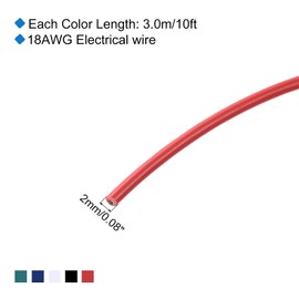 MECCANIXITY 18 Gauge PVC Hookup Wire 3.0m/10ft 18AWG Flexible Electrical Wire UL1007 Tinned Copper Stranded 5 Color, 2mm Dia for Model Aircraft Electric Appliances Internal Connect