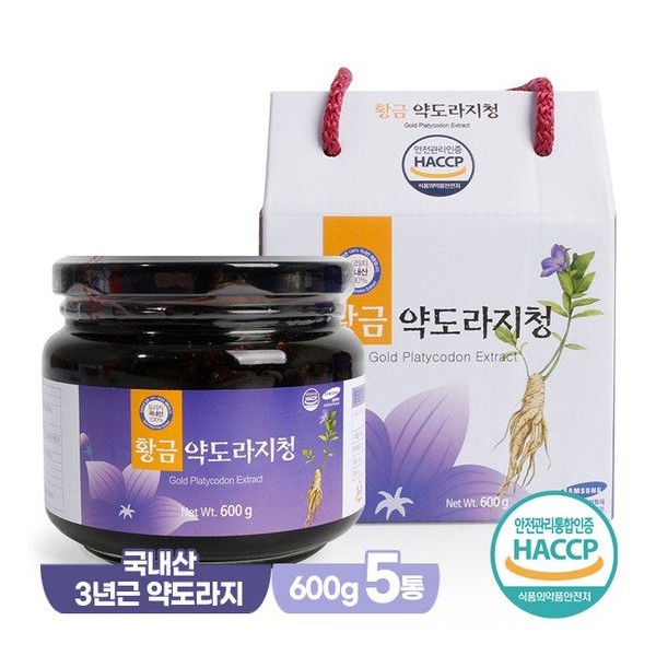 Chamgoods 5 containers of 600g domestic 3-year-old Golden Yakdorajicheong / 참굿즈 국내산 3년근 황금 약도라지청 600g 5통