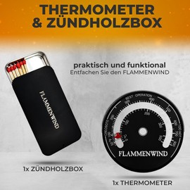 FLAMMENWIND Fireplace Fan without Electricity, Includes Thermometer and Storage Box for Matches, Stove Fan, Fireplace Fan