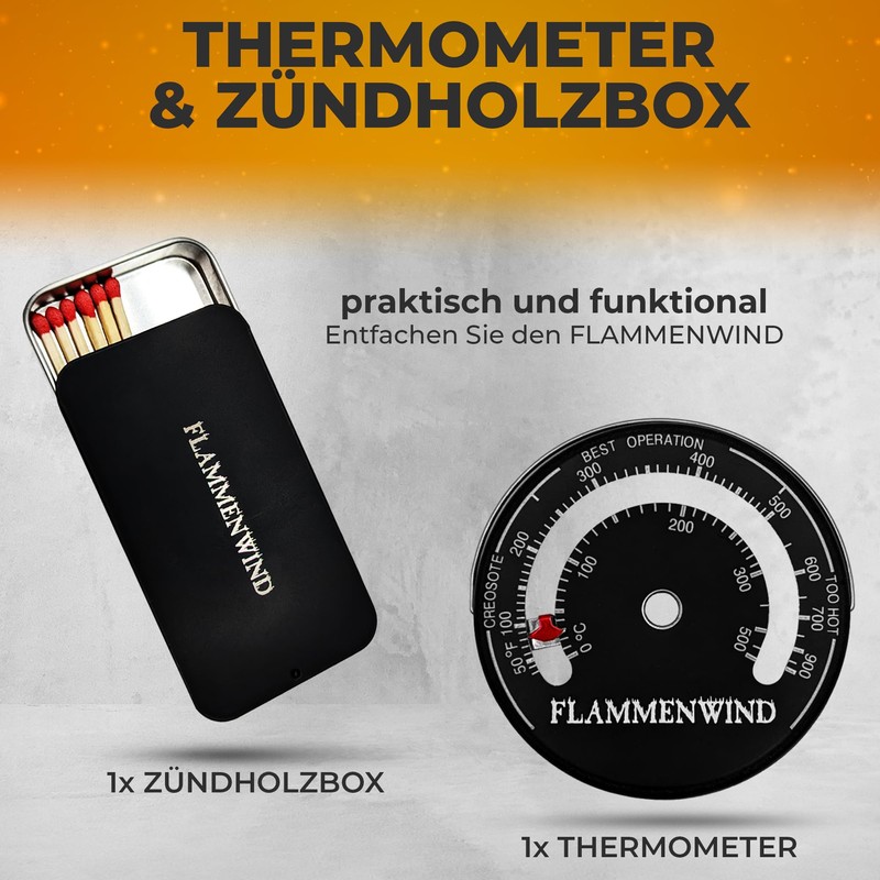 FLAMMENWIND Fireplace Fan without Electricity, Includes Thermometer and Storage Box