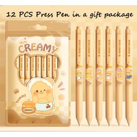 T-shin Press Pens,12-Pack Cute Bear Rolling Ball Pens Black Ink,0.5mm Smooth Stress-Relief Gel Pens for Students,School Supplies,Kids Idea (6 Adorable Designs) (Japanese-Bear)
