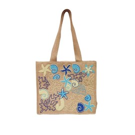 SHIVERO HOMES Boho Evil Eye Jute Tote Bag, Beaded Embroidered Design, Natural Burlap with Blue AccentsShoulder Bag for Women, Multicolor-1, Medium