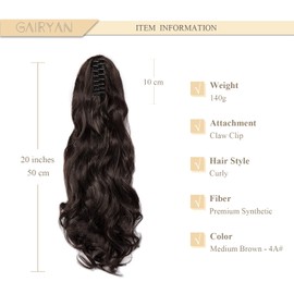 Gairyan 50 cm Ponytail Hairpiece Braid Extensions Long Curly Claw Clip-In Ponytail Extensions Synthetic Hair Extensions Wavy Hairpiece Hair Extension for Women (Medium Brown)