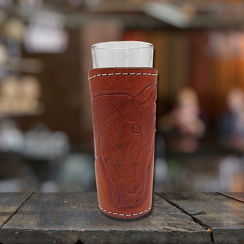 Needzo Brown Leather Shot Glass Holder with Decorative Bottom, Carved