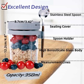 Eidoct Overnight Oats Container 2-Pack, Overnight Oats Jars with Lid and Spoon 10 oz Cereals, Milk, Fruit Salad, with Measurement Mark (grey and white)