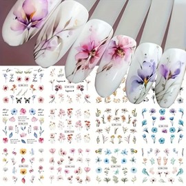12 Sheets Flower Nail Art Stickers Decals Flowers Leaf Butterfly Nail Design Spring Colorful Flower Nail Stickers Water Transfer Nail Art Supplies for Women and Girls Spring Summer Nail Decorations