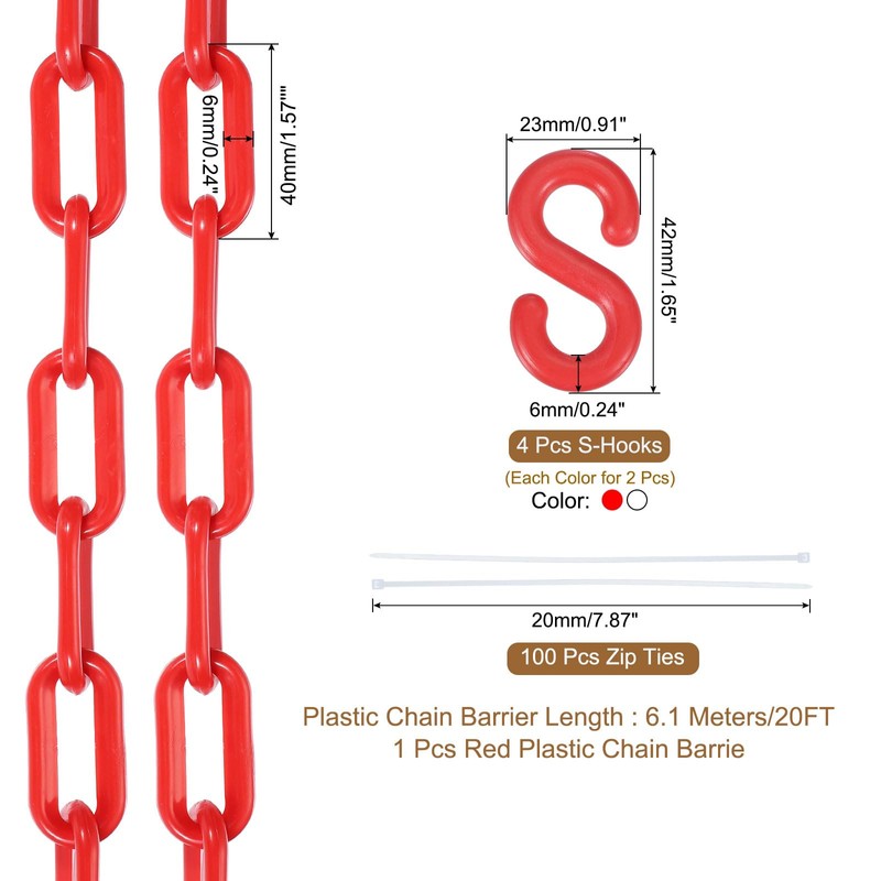 MECCANIXITY Plastic Chain 20 FT/6.1 M, Safety Chain Red White