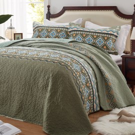 LEAONME Quilt Set King Size 3 Piece Bedspread Coverlet Lightweight Comforter Microfiber Bedding Set All Season Oversized 98x106 Inch Bed Cover Bohemian Patchwork Olive Green(1 Quilt, 2 Pillow Shams)