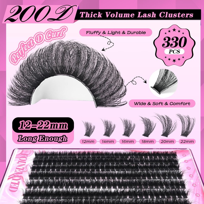 Lash Clusters 330Pcs Cluster 200D Mega Volume Eyelash Extensions 12-22MM