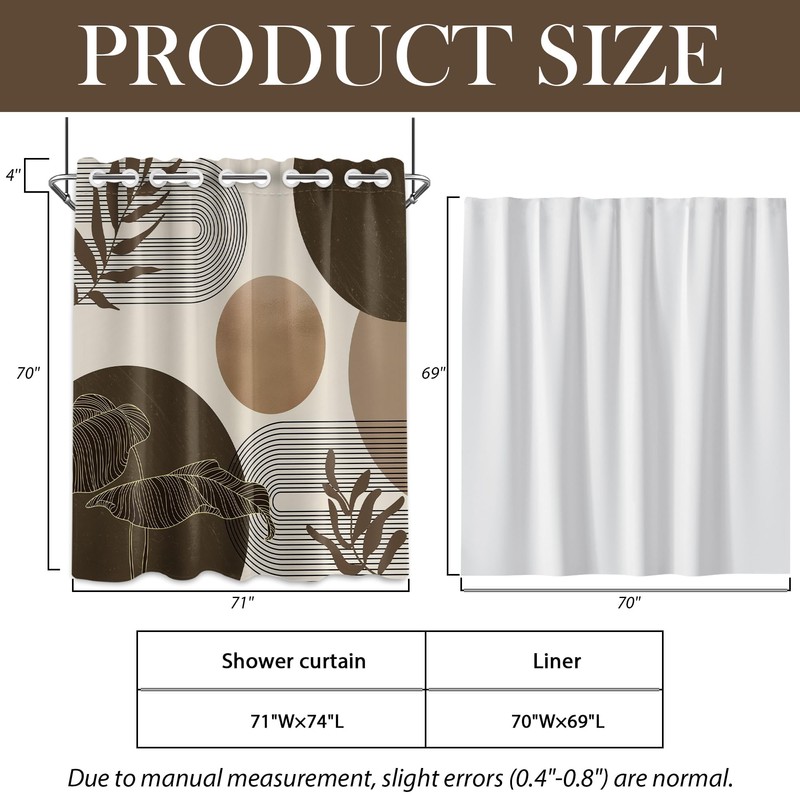 Keeuy Brown and Beige Hookless Shower Curtain with Snap-in Liner,