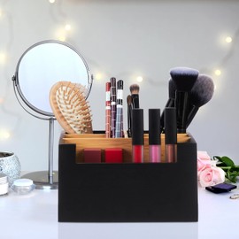 Relaxdays Desk Organiser, Bamboo, 5 Compartments, for Office Supplies & Cosmetics, Pen Box, HBD: 9.5 x 18 x 15 cm, Black