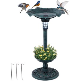 ReunionG 30 Inch Bird Bath, Solar Lighted Pedestal Birdbath & Feeder w/Lotus Leaf Water Basin, Flower Planter, Outdoor Vintage Fountain Decoration Bird Bath for Outside Garden Lawn Yard Patio (Green)