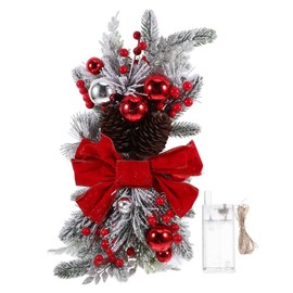 Luxshiny Lighted Christmas Swag Stair Wreath Xmas Mail Box Swag Artificial Snowy Pine Wreath Pre Lit Staircase Decorations Red Bowknot Glowing Wreath Holiday Door Garland B