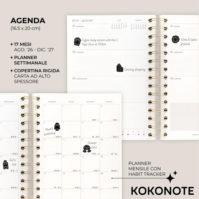 Kokonote Agenda Settimanale 2026 2027 - Diario Scoula per Università